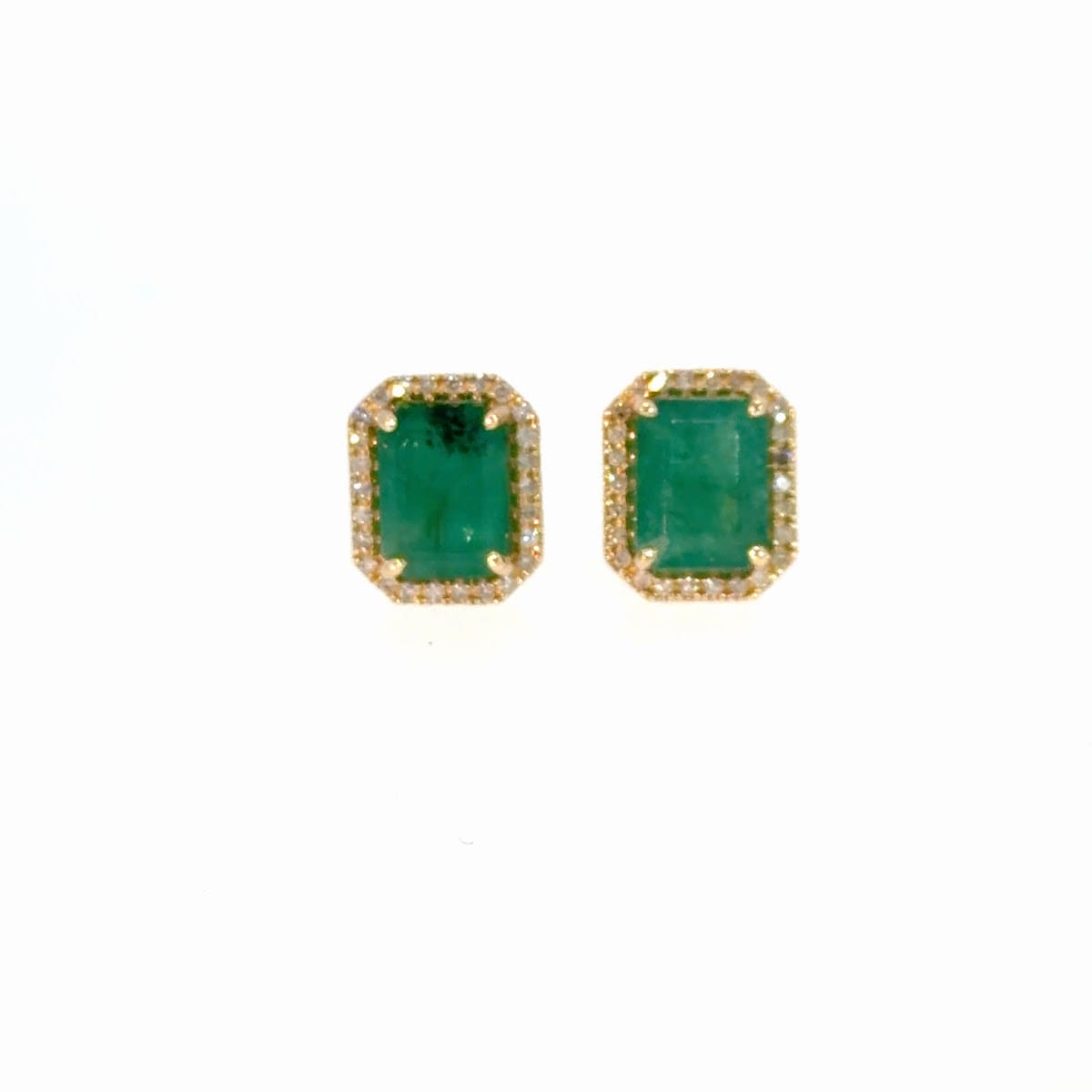 Aretes Halo Studs De Diamante & Esmeralda En Oro Amarillo De 14K