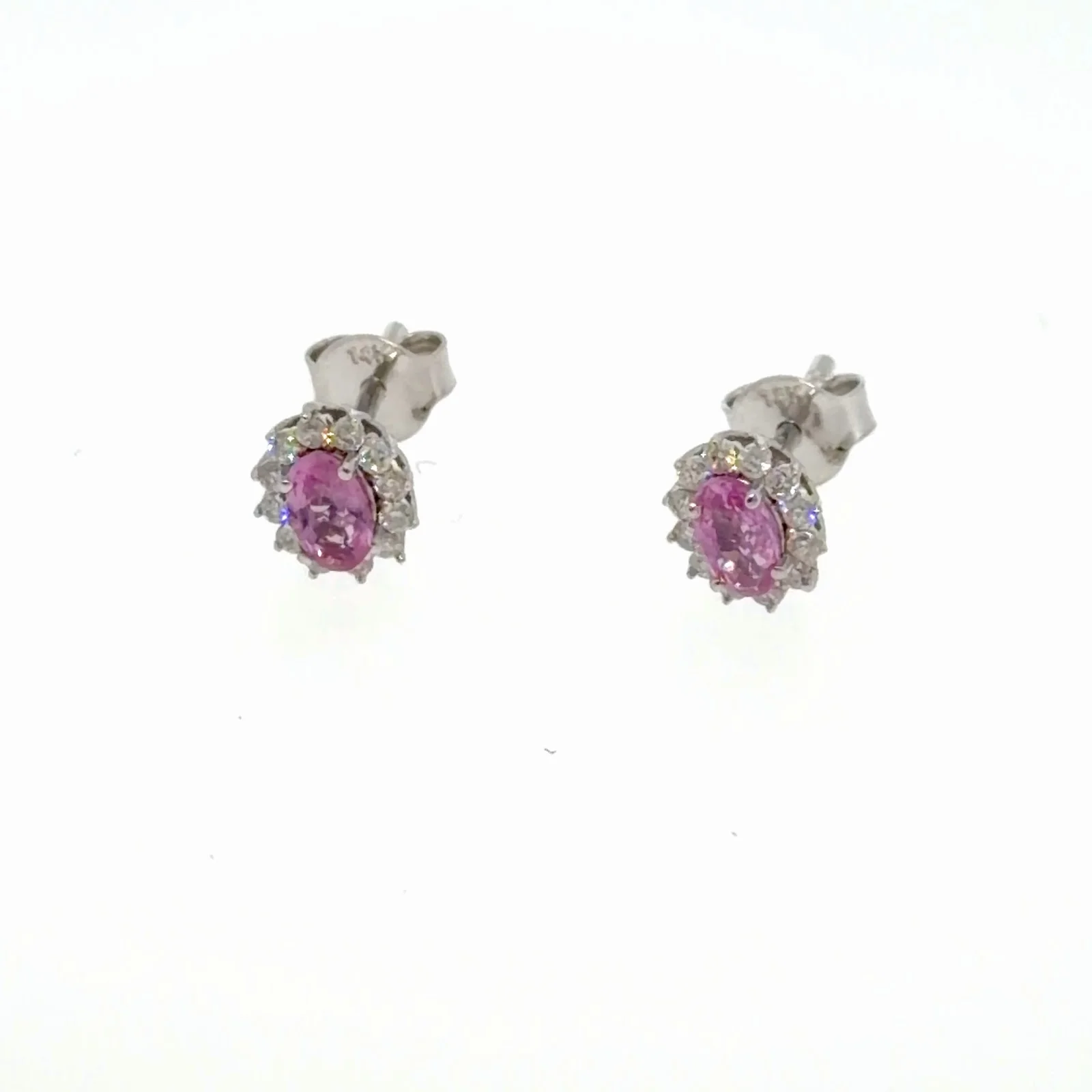 Aretes Halo Studs De Diamante & Zafiro Rosa En Oro Blanco De 14K